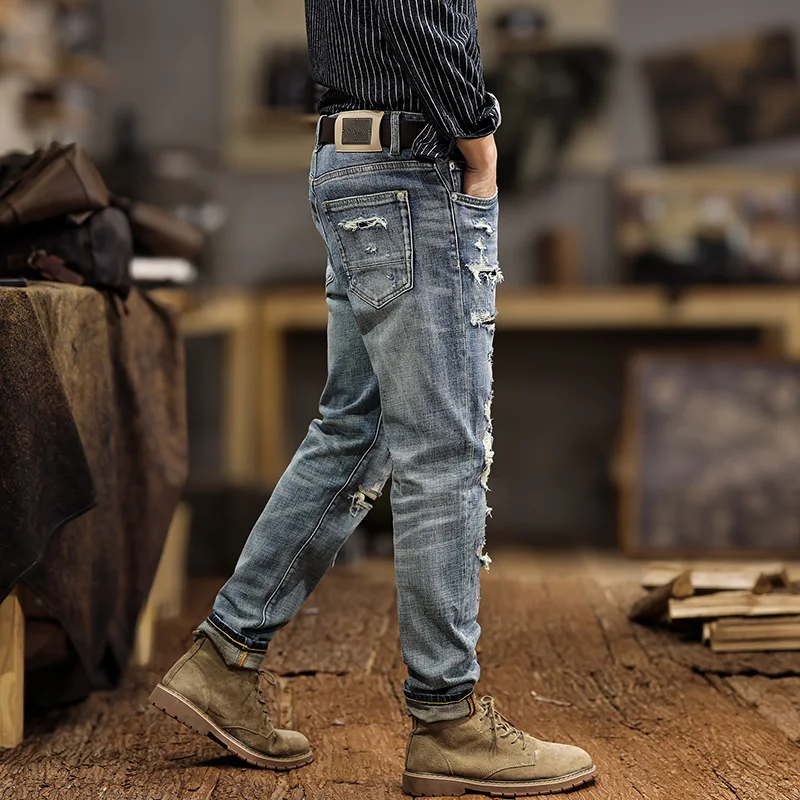 Hip Hop Jeans Men Distressed Grunge Patchwork Moto & Biker Jeans Stretch Denim Pants Slim Fit Destroyed Mens Desinger Clothing
