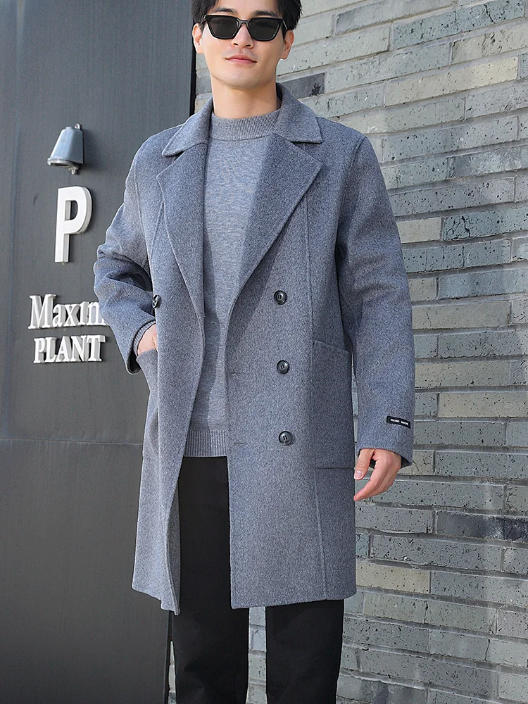 100% Merino Wool Double-Sided Coat Men's Suit Collar Double-Breasted Coat Handmade Long High-Street Business Top With Pocket