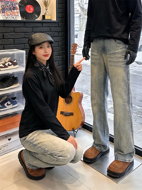 

Retro American Bamboo Fiber Straight Leg Men's Jeans mid Waist Zipper Closure Slim Fit Long Leg Lengthening Knife Pants