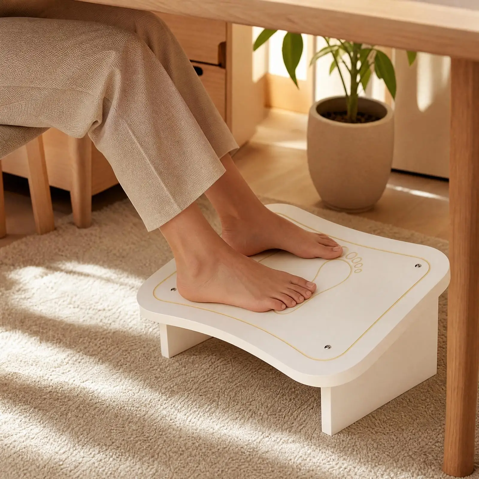 Wooden Footrest Stool Stable Low-Profile Foot Stool with Foot-Shaped Top Supportive Footrest with Slanted Support Legs for