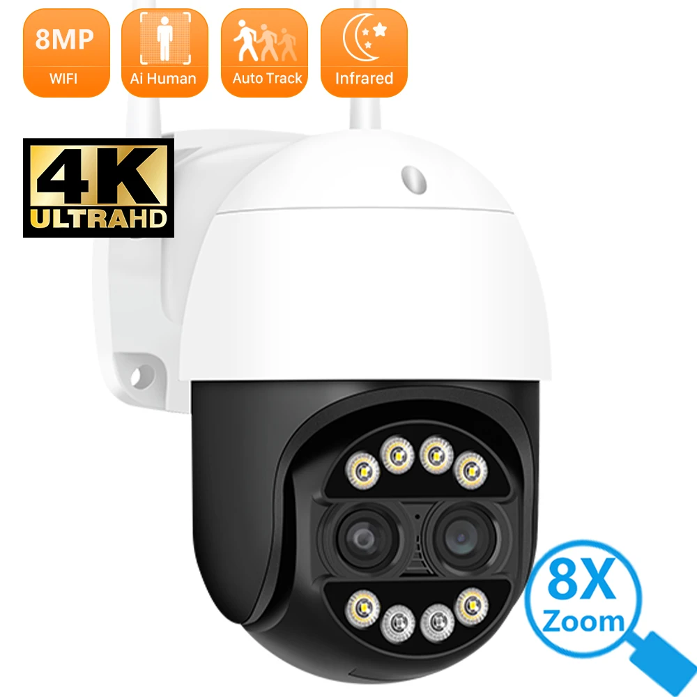 anbiux 4k camera ip ptz lente dupla 8x zoom digital ao ar livre camera wi fi casa inteligente cor visao noturna alarme camera de seguranca icsee 01