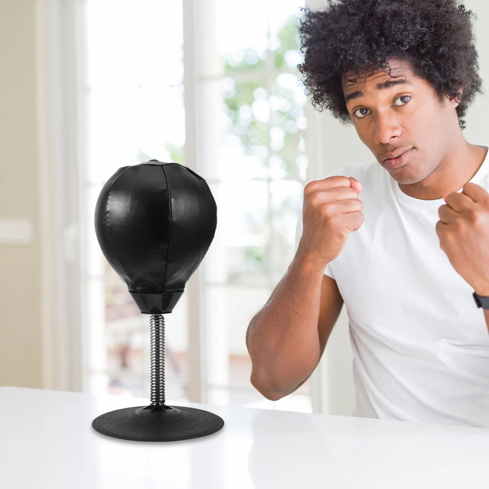 Black Desktop Boxing Speed Ball Heavy Metal Spring Tabletop Pressure Releasing Ball Office Fitness Exercising Big Suction Cup
