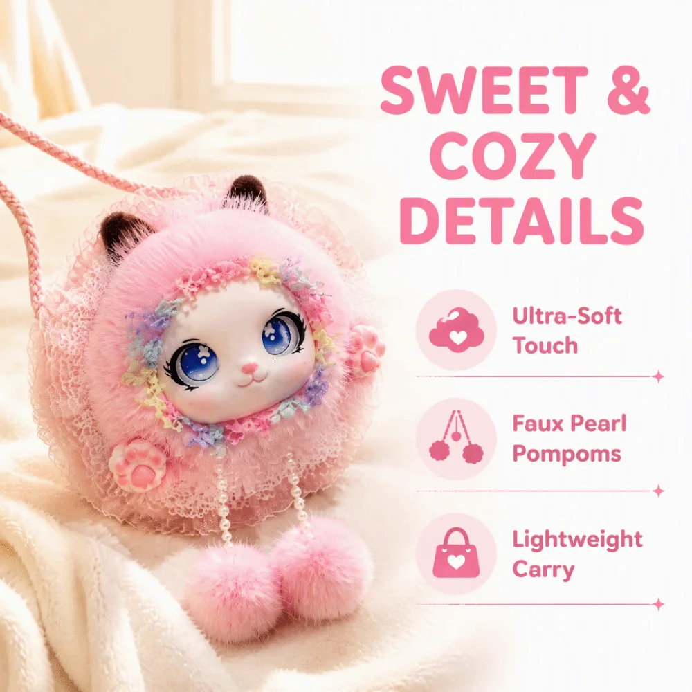 Lolita Style Handmade Crossbody Bag Pom-Pom Lace Decor Cartoon Animal Coin Purse Sweet Tassel Shoulder Pouch For Children