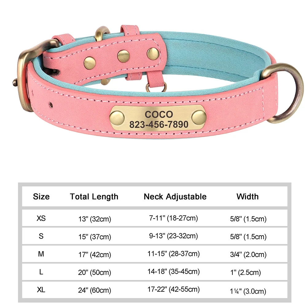 Personalisiertes, individuelles Hundehalsband aus Leder mit Namensschild, weich gepolstert, mit kostenloser Gravur des Namens für kleine, mittelgroße und große Hunde