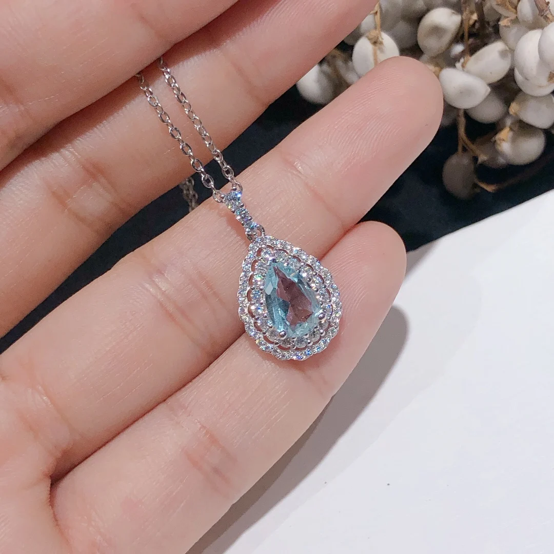 Top Quality Pendant Sky Blue Natural Aquamarine Gemstones 925 Sterling Silver Water Drop Necklace For Women Best Selling