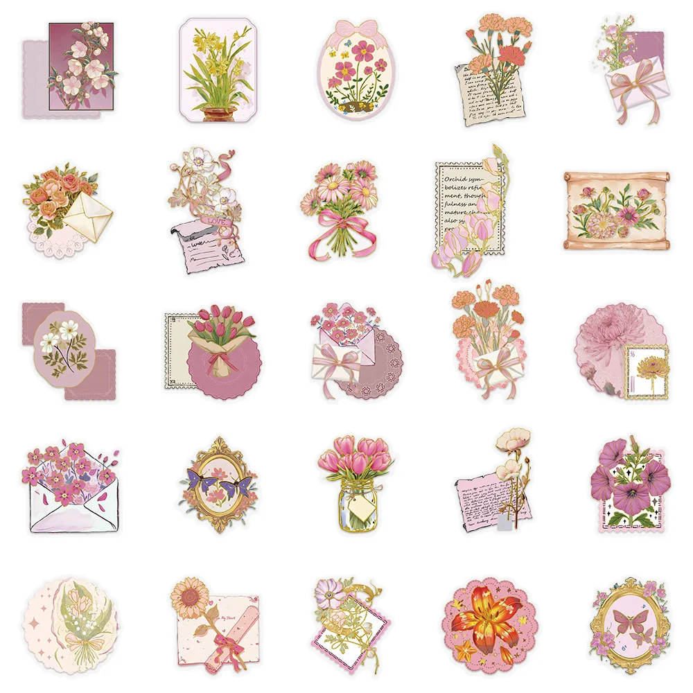 50 Stück Vergoldete Blumen-Aufkleber für Koffer, Laptop, Scrapbook, Wasserbecher, DIY-Dekorationen, Gitarren-Aufkleber – Detail 2