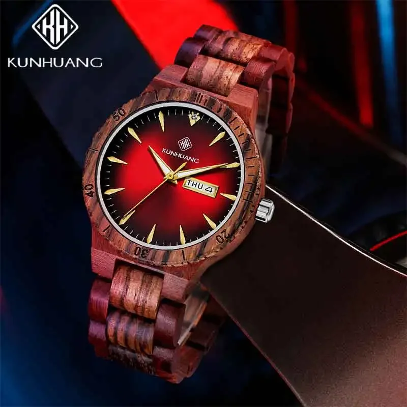 KUNHUANG 1pc Luxury Wooden Watches for Men Fashion Casual Sports Wooden Quartz Watch Vintage Personalized Men Watch