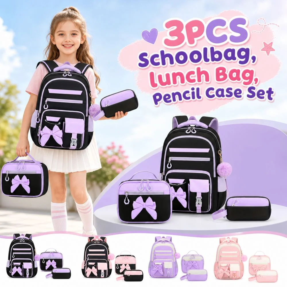 Juego de 3 Piezas de Mochila, Lonchera y Estuche de Lápices con Diseño de Dibujos Animados, Tela Oxford Impermeable, Mochila Escolar con Lazo, Ligera y de Gran Capacidad