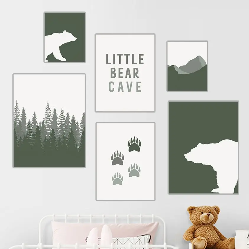 Woodland Nursery Wall Art Rustic Mountain Prints Wild Little Cave Bear Paws Forest Nordic Canvas Posters Pictures Room Decor