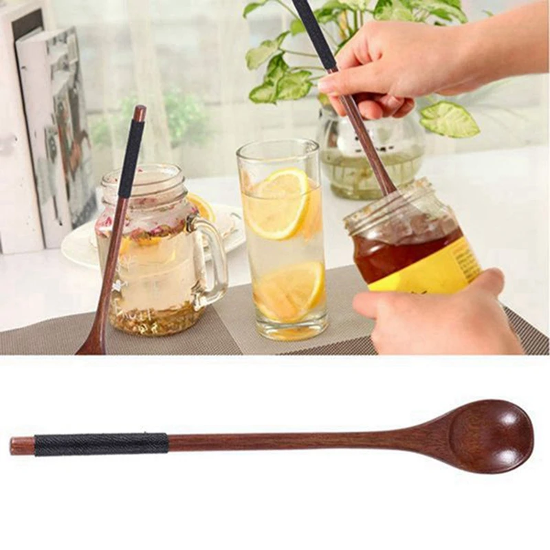 12Pc Long Handled Wooden Spoons Wood Tea Coffee Spoon Japanese Style Dessert Spoon Set Honey Mixing Spoon Wood Tableware