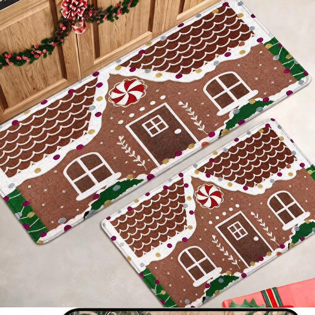Christmas Kitchen Mat with Christmas Tree Print Square Flannel Plush Rug Non Slip Soft Water Absorbent for Bathroom Toilet