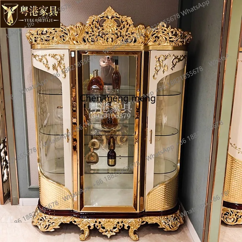 French gold foil wine cabinet European court solid wood carving flower display locker glass door decorative cabinet