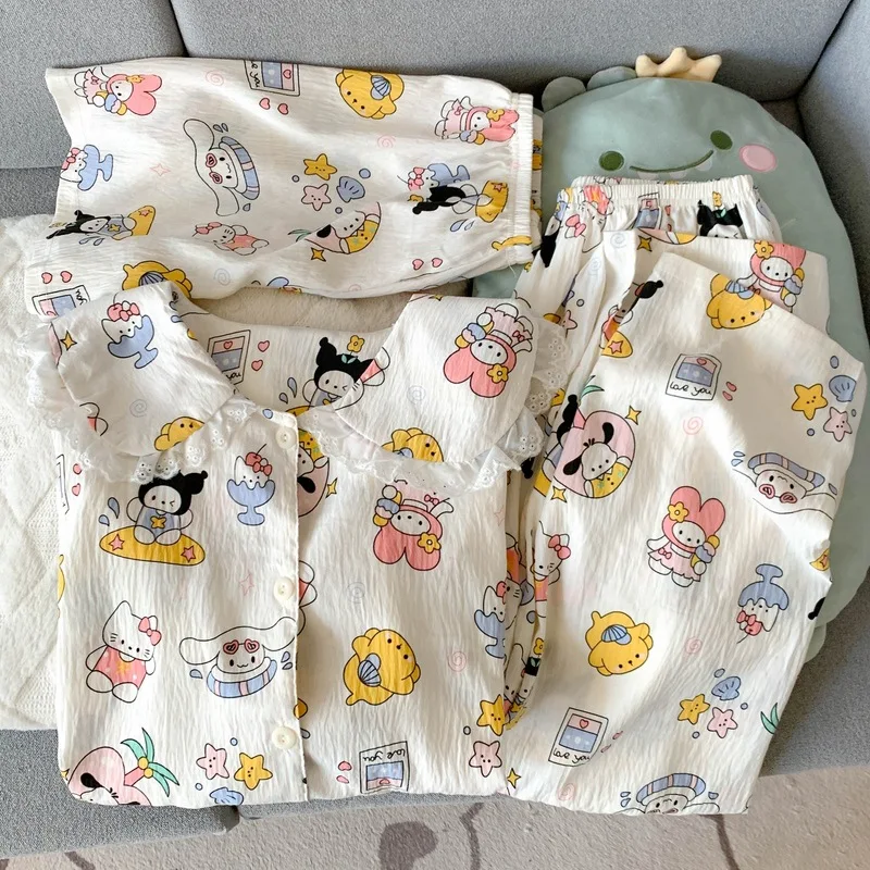 

Sanrio New Pajamasjapanese Hello Kitty Bow Pajamas Spring and Autumn New Cartoon Long Sleeves Trousers Student Home Clothing Set