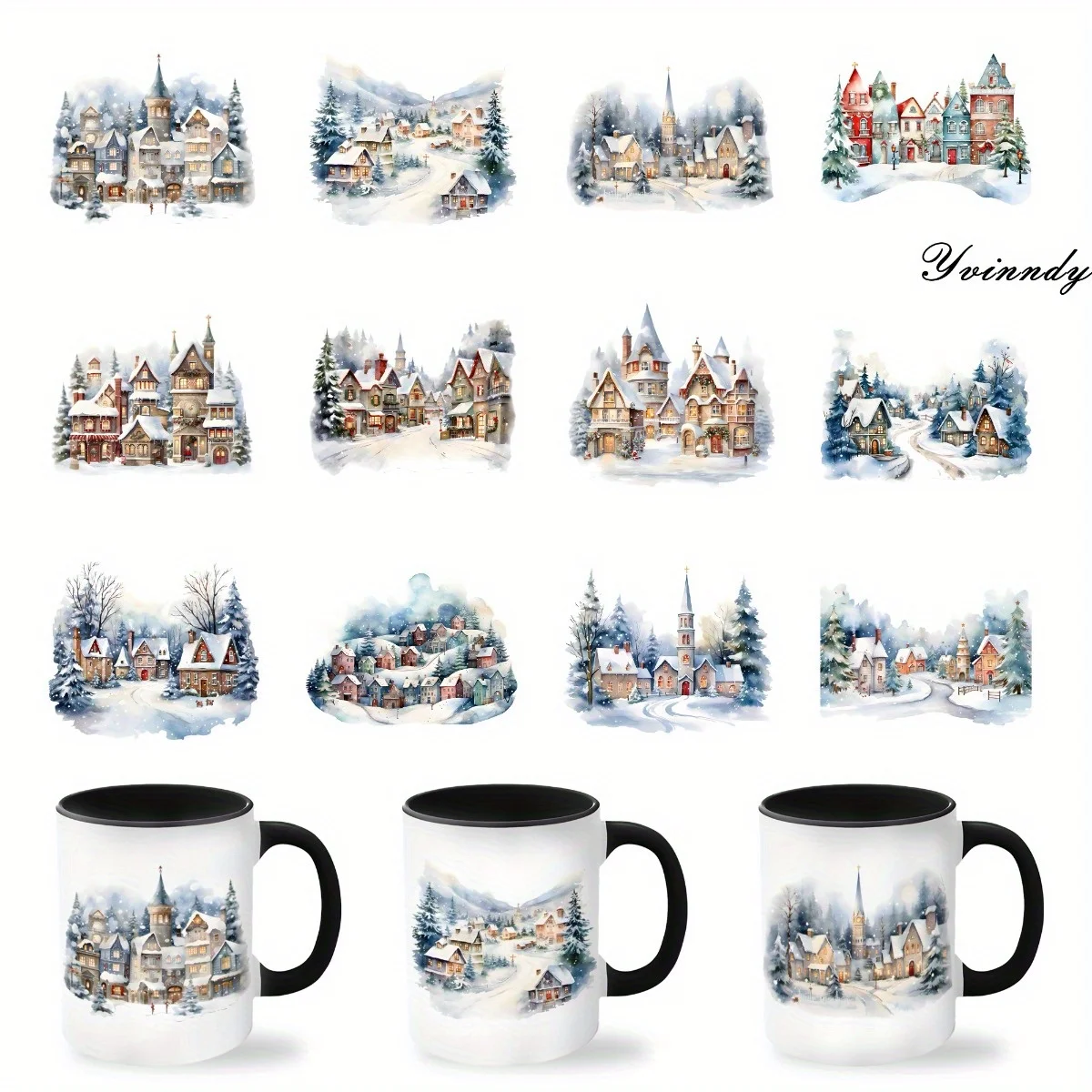 12Pcs/Set Christmas Snow Scenery DIY Glass Jar Packaging Stickers UV DTF High Self-Adhesive Transfer Paper  Decorating  Bottles