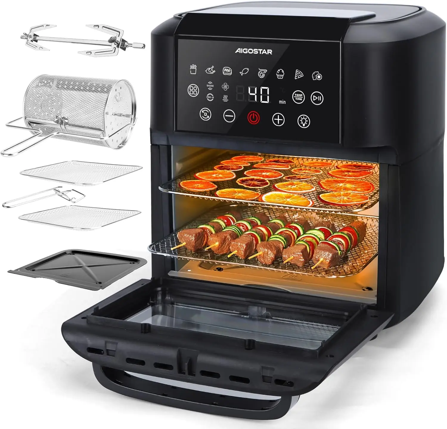 Aigostar Heißluftfritteuse 12L Heißluftofen Backofen, 1700W Mini-Backofen con 7 Zubehör, display LED Vorheizen&Warmhalten