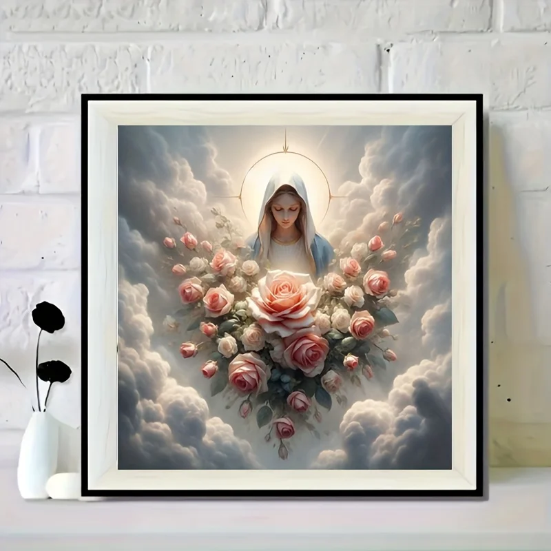 

500/1024PCS Paper Jigsaw Puzzle Virgin Mary and Roses DIY Assembly Home Art Living Room Office Religious Home Decoration