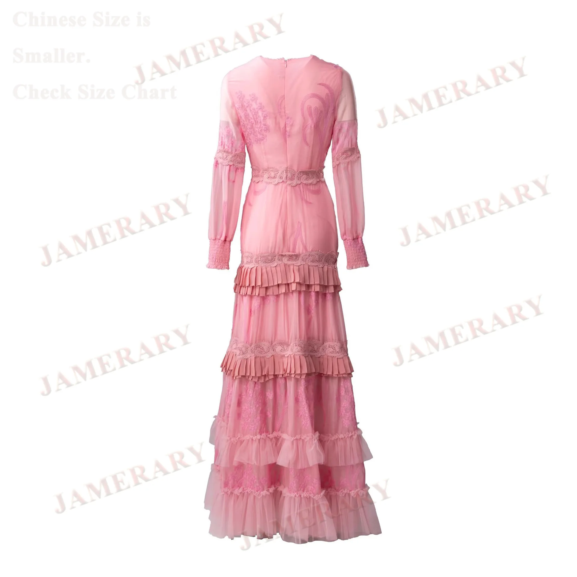 ชุดเดรสยาวปักลายสีชมพูสำหรับฤดูร้อนและฤดูใบไม้ร่วง แขนระบายทรงหางปลา ชุดเดรสทรงเค้กสำหรับผู้หญิง งานปาร์ตี้ งานพรอม งานราตรี