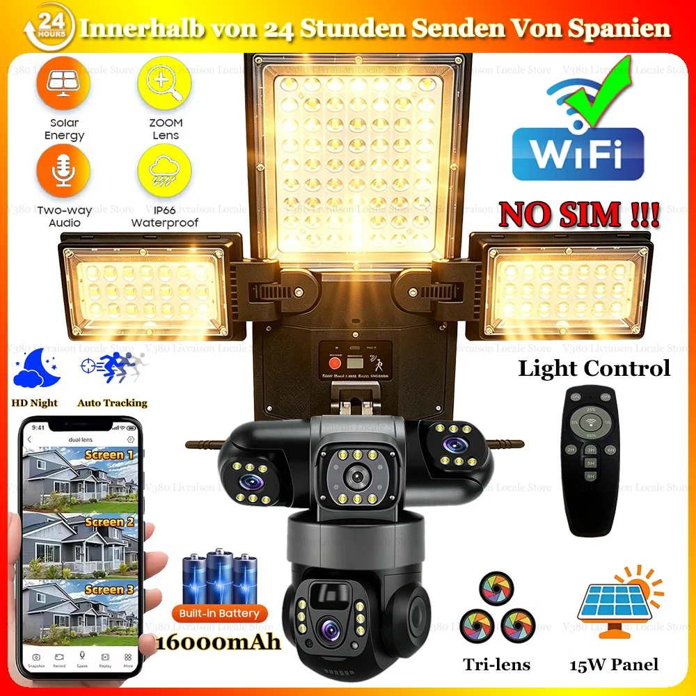 WiFi-Solarkamera 2-in-1 Solar-LED-Straßenleuchte mit Fernbedienung, eingebautem 8000-mAh-Akku, automatischer Verfolgung, 3 Objektiven, IP-CCTV, PIR-Erkennung von Menschen, Alarm-Push, kabellose