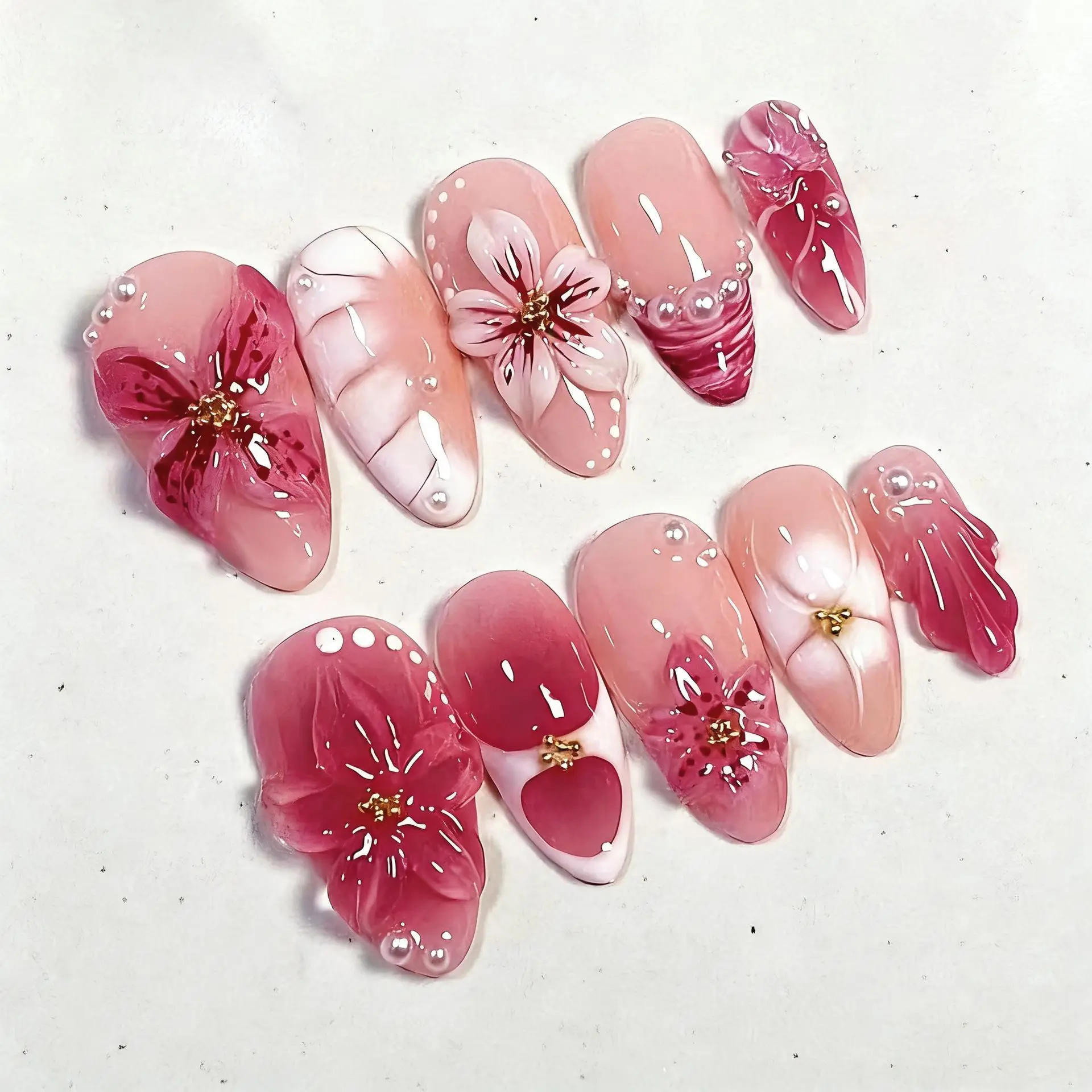 24 pçs doce legal francês unhas falsas remendos vintage y2k unhas falsas 3d cereja design arte do prego vermelho gradiente amêndoa imprensa em unhas