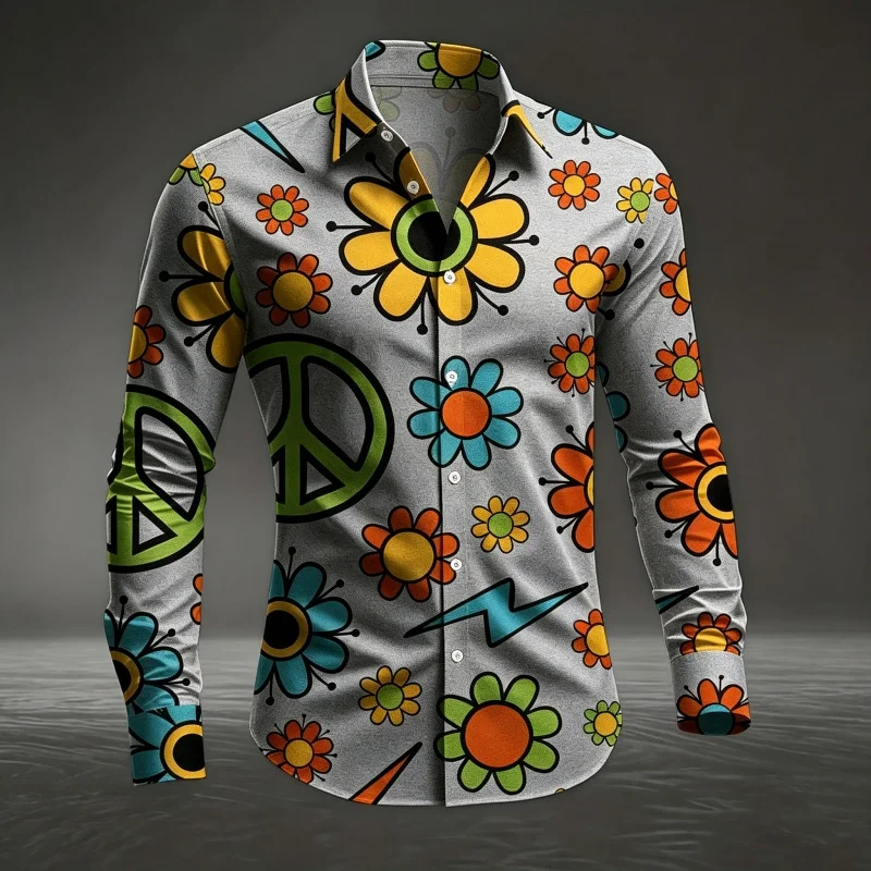 Heren wit hippie vredesteken bloemenprint overhemd met lange mouwen en knoopsluiting dagelijkse casual blouse tops