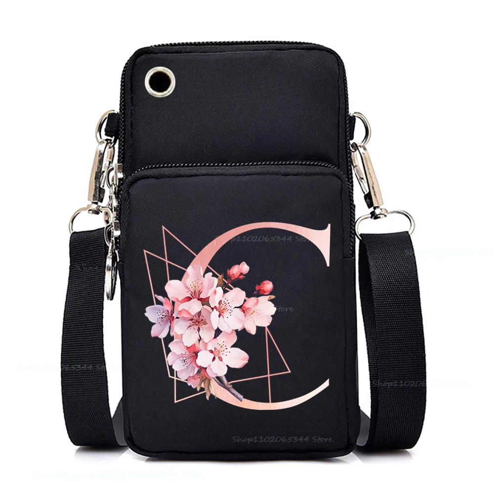 Mini Mobile Phone Bag Sakura Alphabet A-Z Women Phone Shoulder Bags Fashion Floral Surname First Letter Teen Purses Handbags