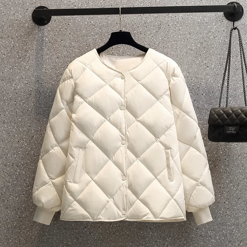 Women's Short Cotton Jacket New Autumn Winter Lightweight Casual Long Sleve Diamond Pattern Thin All-Match Female Leisure Coat