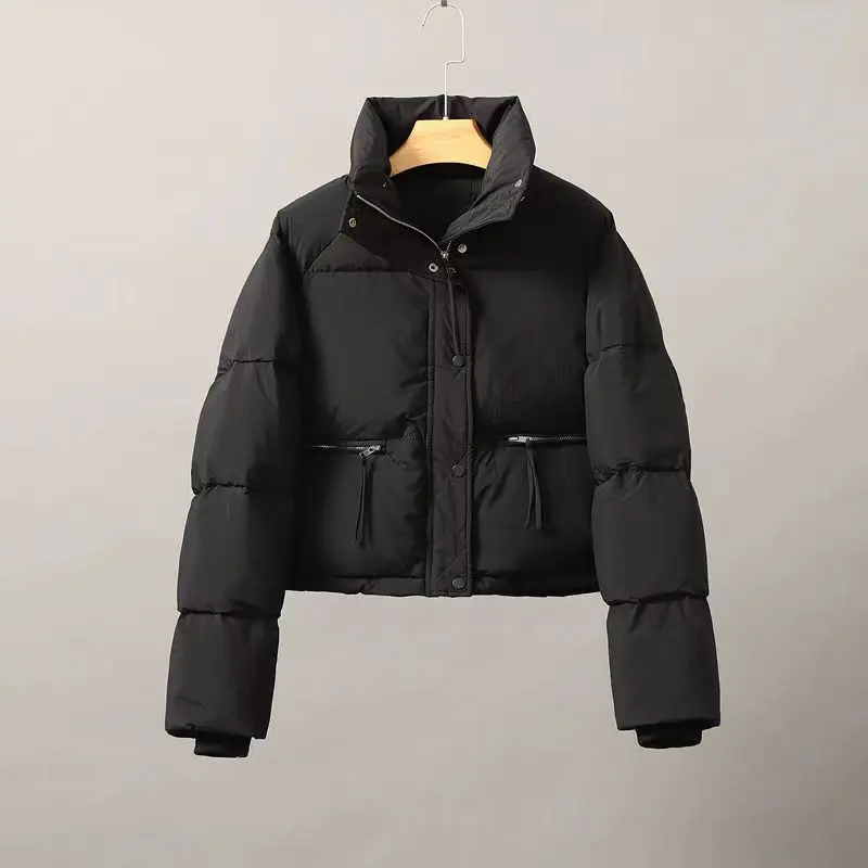 2026 Short Stand Collar Puffer Jacket Zip Closure Side Pockets Solid Warm Casual Women Outerwear women's puffer coat