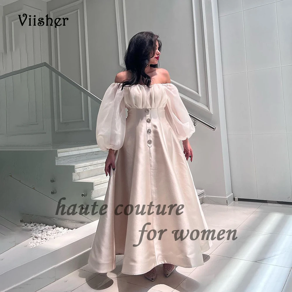 

Ivory Satin A Line Evening Dresses with Sleeve Strapless Arabic Dubai Formal Prom Dress Ankle Length Occasion Party Gowns