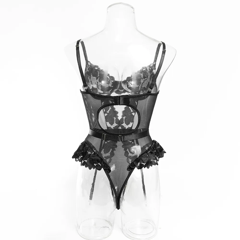 Womens Erotic Western Style Lace Trim Mesh Patchwork Sensual Waist Trainer See Through Alluring Charming Premium Erotic Bodysuit