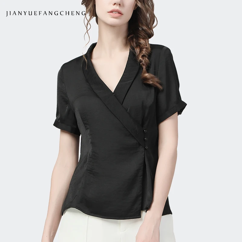 Womens Summer Short Sleeve V-Neck Satin Top Elegant Slim Asymmetrical Side Buckle Casual Blouses Small Shirt For Female