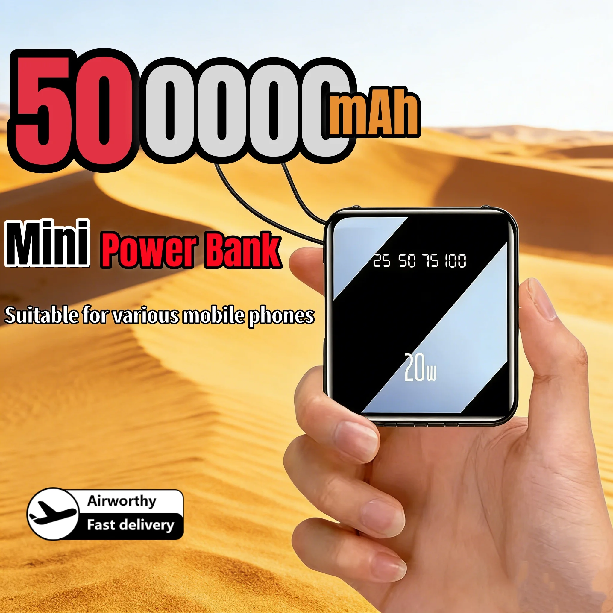 

Мини-банк питания 500000 мАч, портативное зарядное устройство, зеркальный экран, светодиодный цифровой внешний аккумулятор Powerbank для iPhone Huawei