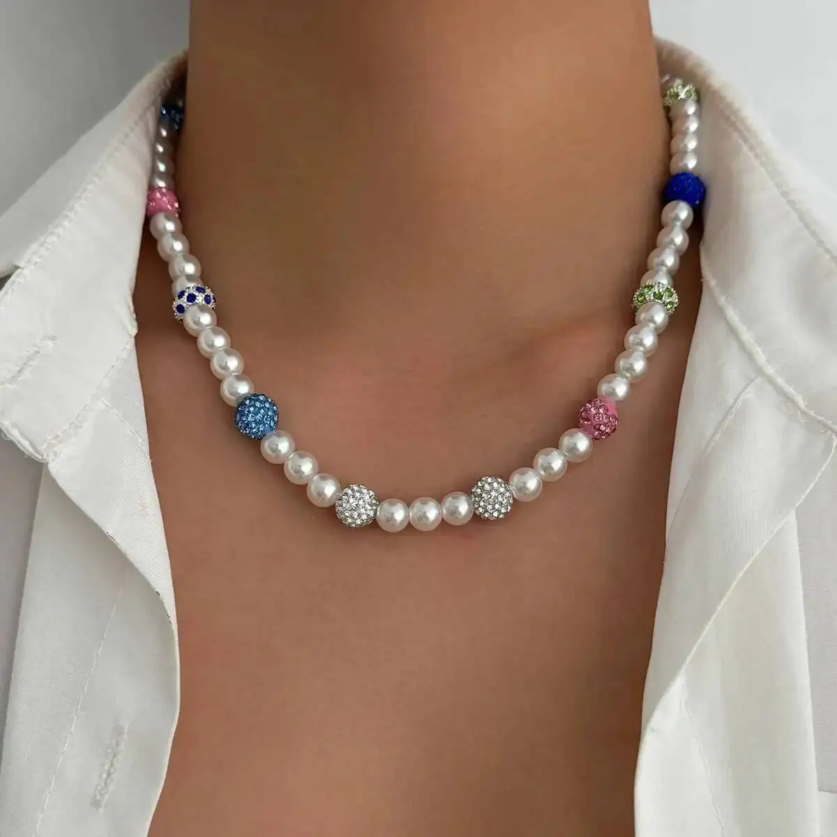 

SHIXIN Hip Hop Imitation Pearl Choker Necklace for Men New Y2K Colourful Rhinestone Short Necklace 2025 Trendy Male Neck Jewelry