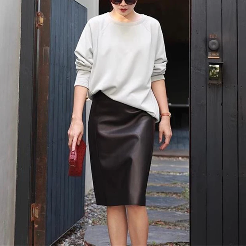100% Real Leather Mid-length Skirt for Women High Waist Package Hip A-line Skirts Chic Office Ladies Spring Real Sheepskin Skirt