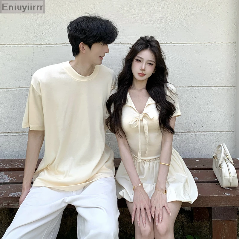 Cotton Matching Couple Clothes 2026 Japan Style Summer Date Valentine's Days Cute Sweet Girls Bow Tie Female Male Shirts Dresses