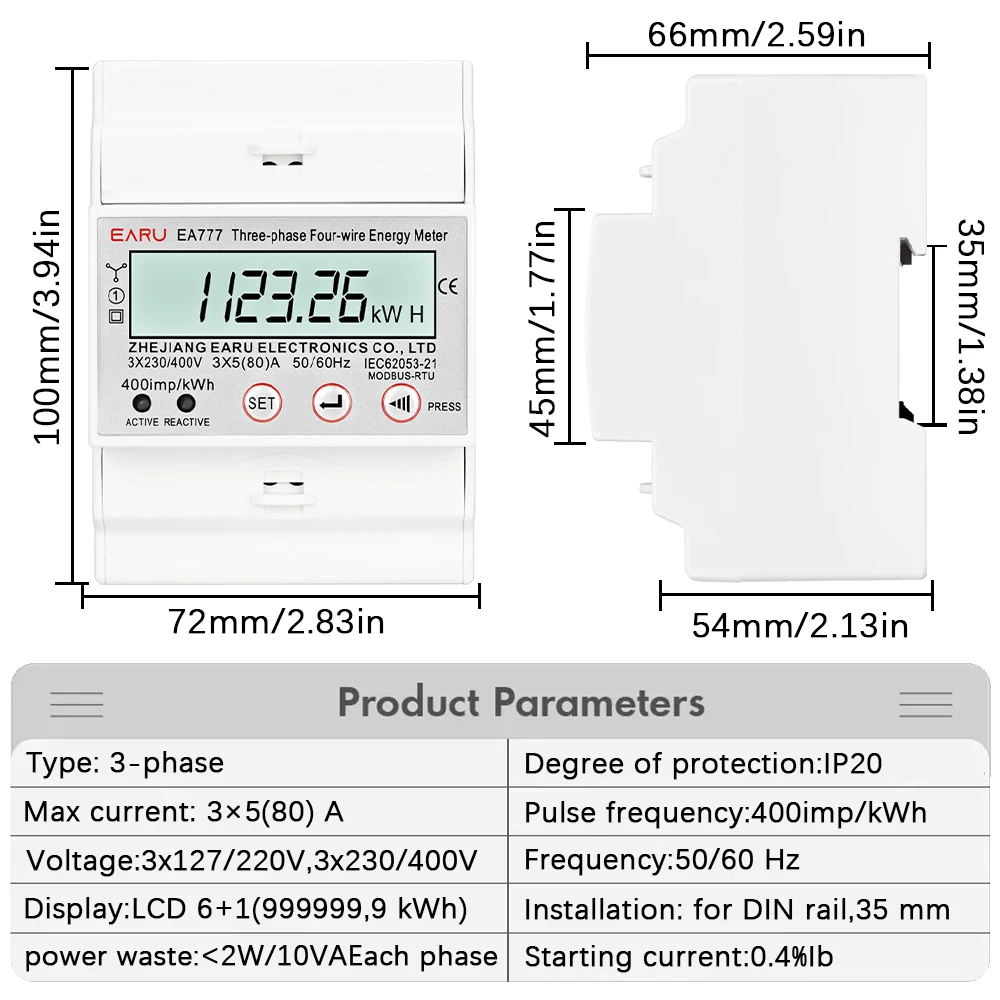 4P 3 Phase 4 Wires BI-Direction Measuring Energy Meter Electricity Usage Meter Din Rail AC 3*230/400V LCD Multifunction Display image 4