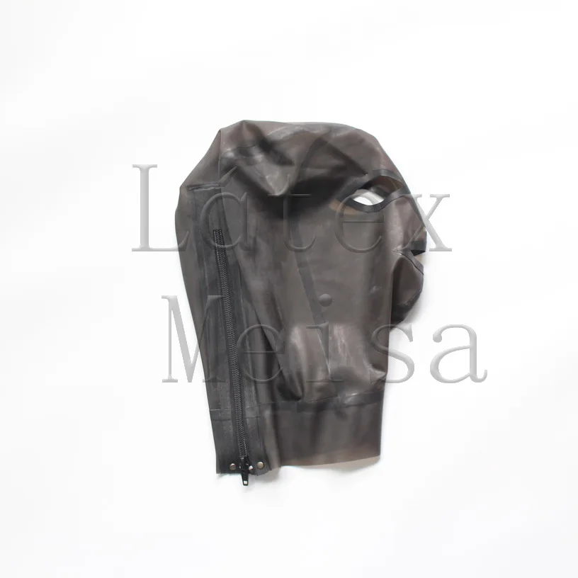 

Transparent black latex hoods open eyes nostrils and mouth with back zip