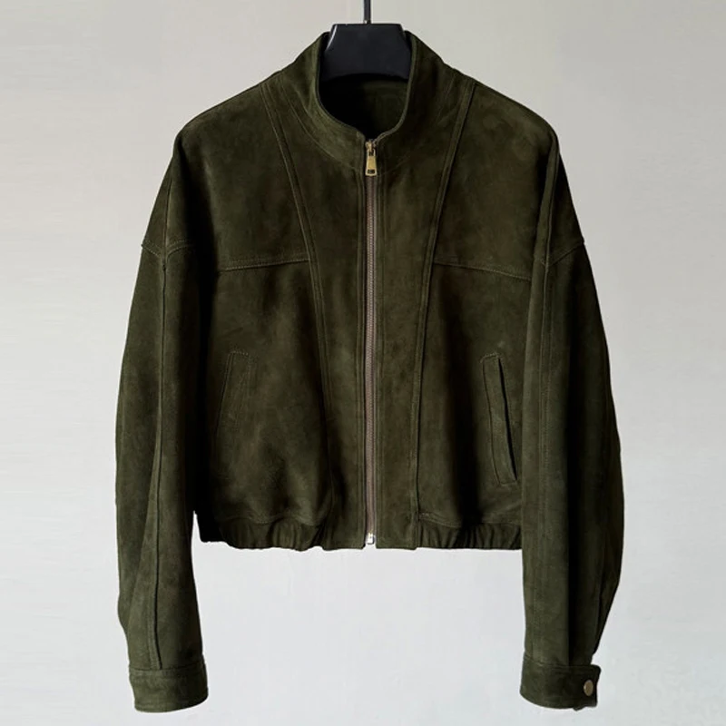 Veste en daim pour femme, manteau importé en peau de chèvre, hauts décontractés, col montant, ample, en cuir véritable, court, nouvelle collection 2026