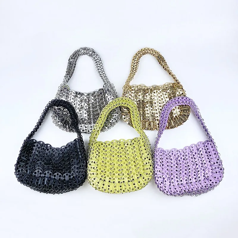 New High-end Texture Metal Spray Painted Iron Sequin Solid Color Hand-held Underarm Bag Handcrafted Woven Custom Women\'s Bags