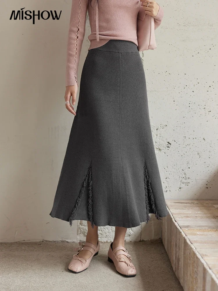 

MISHOW Knitted Solid Skirt Women Covering Yarn Elastic Waist Skirt 2024 Winter Versatile High Waist A-line Long Skirt MXD45B0499