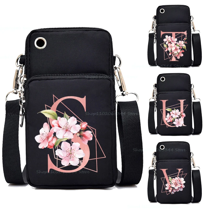 Mini Mobile Phone Bag Sakura Alphabet A-Z Women Phone Shoulder Bags Fashion Floral Surname First Letter Teen Purses Handbags