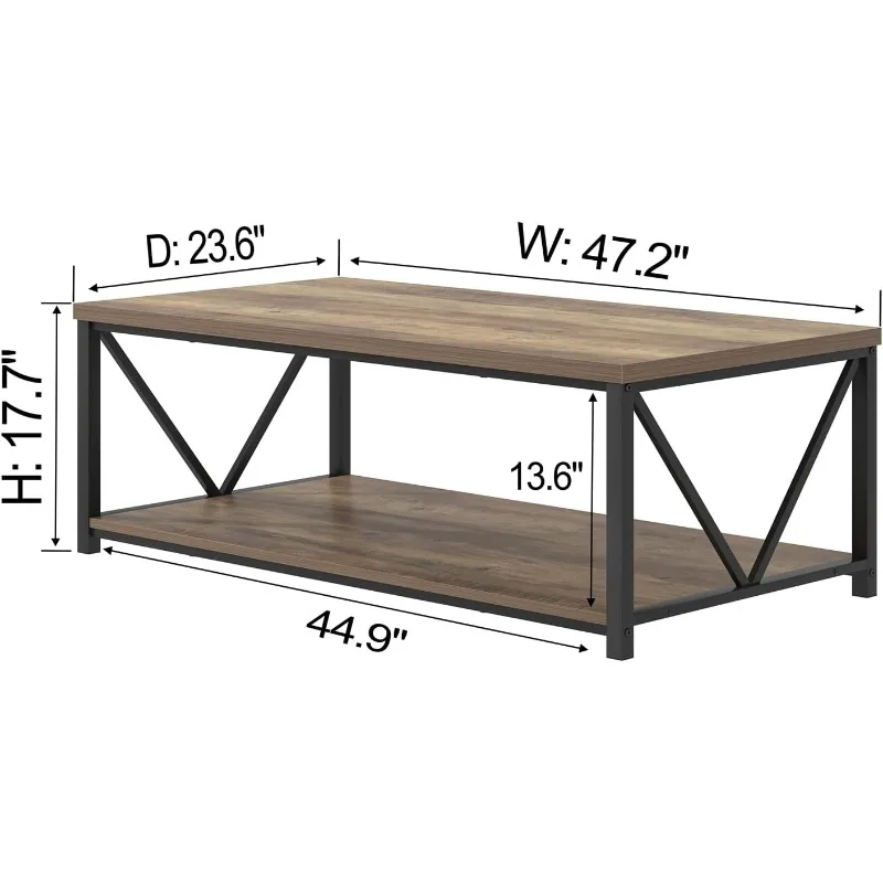 Moderner Couchtisch, Wohnzimmer-Mitteltisch mit Stauraum, Cocktailtisch aus Holz und Metall, rustikale Eiche, 47 Zoll