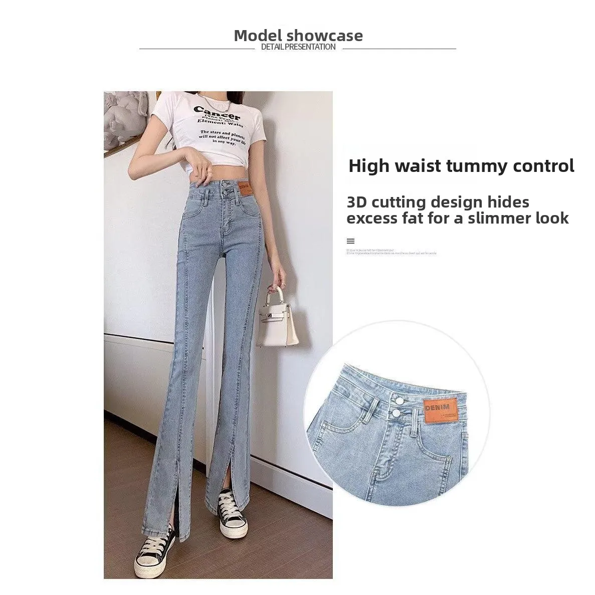 

Джинсы женские с высокой талией, микро-клеш, ретро, облегающие, эластичные, универсальные, маленькие размеры, повседневные, из хлопка