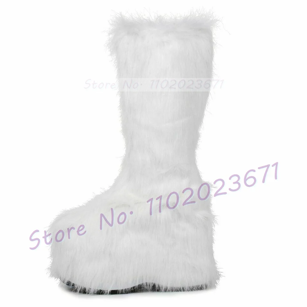 Chunky Heel Platform Tall Boots With Fur Women Fashion Winter Warm Furry Shoes Girl\'s Lovely Festival Side-zip Knee High Boots