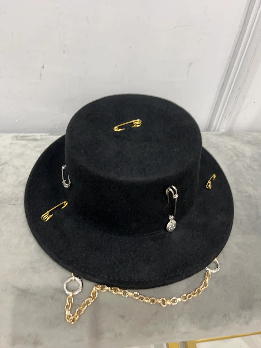 2023 new arrival black wool hat for women European and American fedora piercing canotier hat