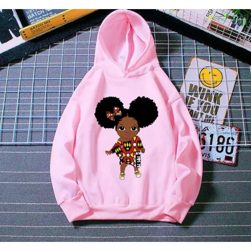 Hot Sale Bow Little Black Girl Print Kids Sweatshirt Children Lovely Winter Clothes Thick Hoodies Melanin Princess Design Teens