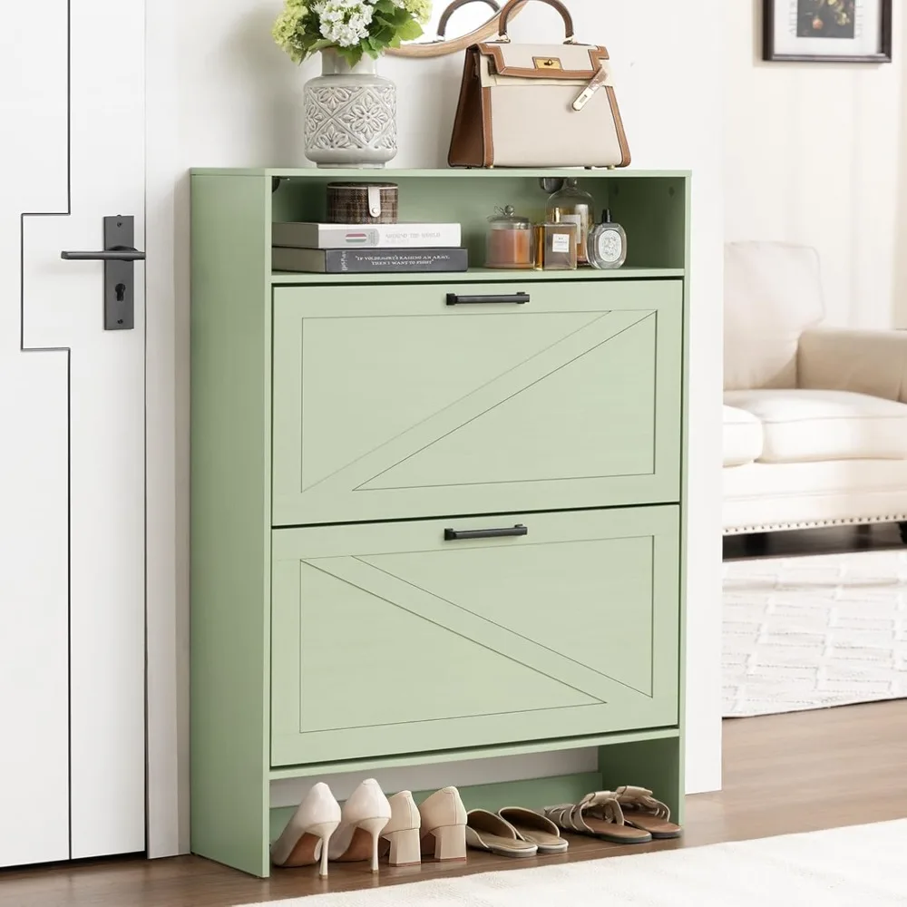 Shoe Cabinet Storage for Entryway with 2 Flip Drawers Open Storage Layer Rack Narrow Organizer Slim
