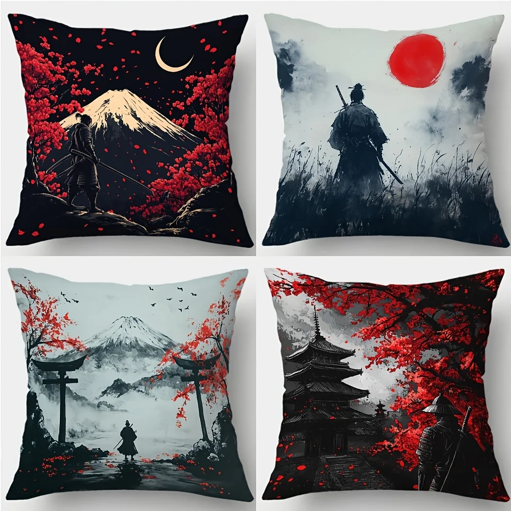 1PC 2D Flat Japanese Samurai Ink Painting Throw Pillow Covers No Pillow Core Unreal Embroidery