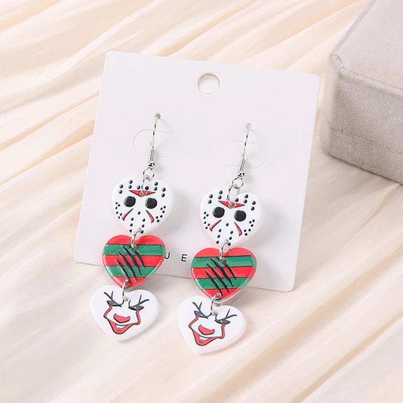 1Pair Halloween Heart Drop Earring Two Side Print  Acrylic Skull Ghost Crafts Fashion Woman Jewelry Gift