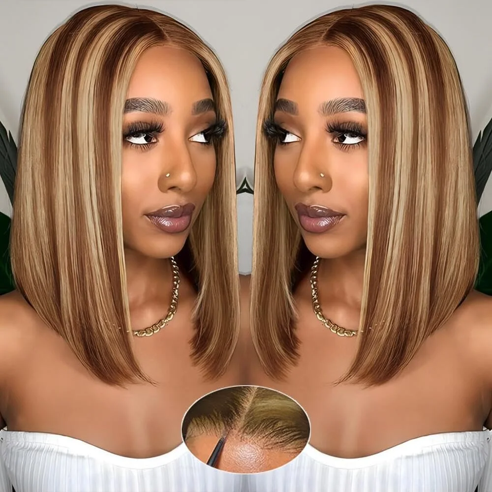 Ombre Highlight Bob Perücke Echthaar 6x4 Lace Front Perücken P4/27 Farbige Perücken 16 Zoll Bob Echthaar Perücken 180 Dichte vorgeschnittene Spitze