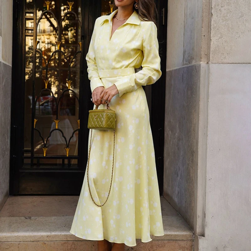 

Printed V-neck Long Sleeve Dress for Women Lapel Elegant Office Lady Outfits Female High Waist A-line Long Dress New Autumn